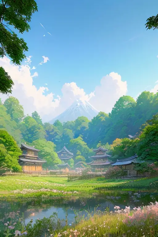 Suasana Damai di Pedesaan Anime dengan latar pedesaan yang damai