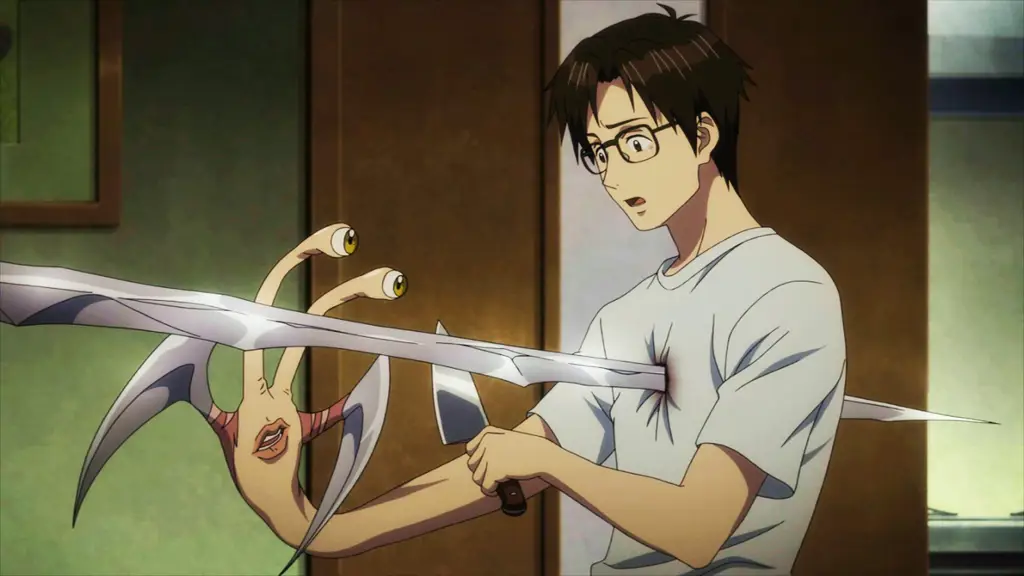 Pertarungan Sengit Antara Shinichi dan Parasit Adegan aksi menegangkan dari anime Parasyte -the maxim-