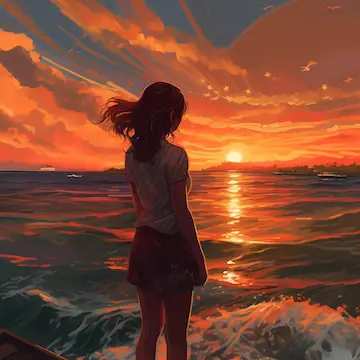 Menikmati anime di waktu sahur Ilustrasi gadis anime lucu menyaksikan matahari terbit