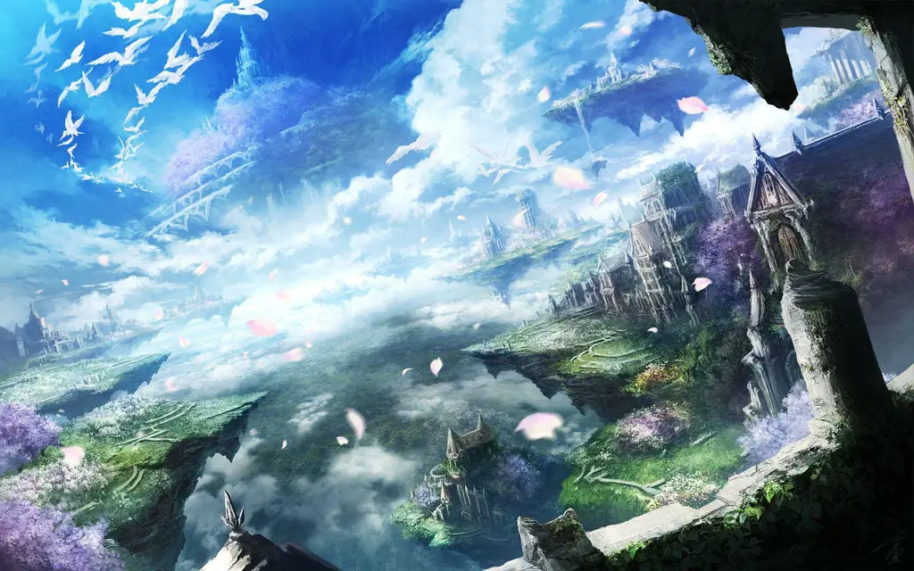 Pemandangan fantasi yang indah dalam anime Shinmai Maou no Testament Gambar pemandangan fantasi anime